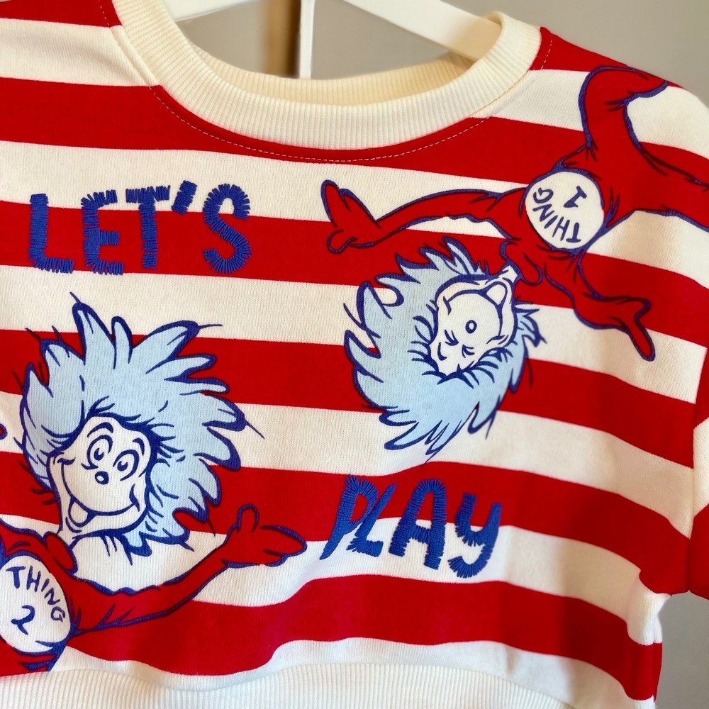 Dr Seuss Thing 1 & 2 Kids Striped Sweatshirt and Ruffle Skirt Set Red Blue 18M - Picture 2 of 7